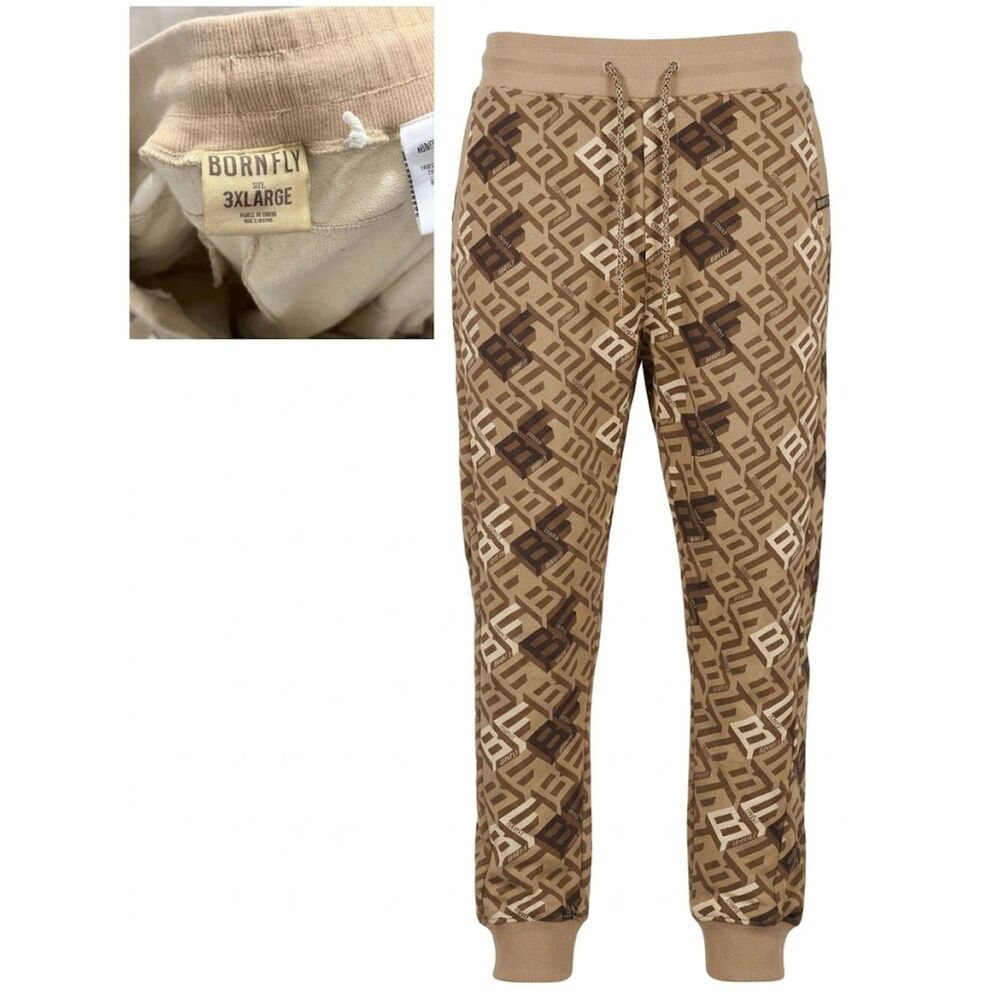 Born Fly Tan Brown Allover Print Joggers Men's 3XL Streetwear Monogram NWOT